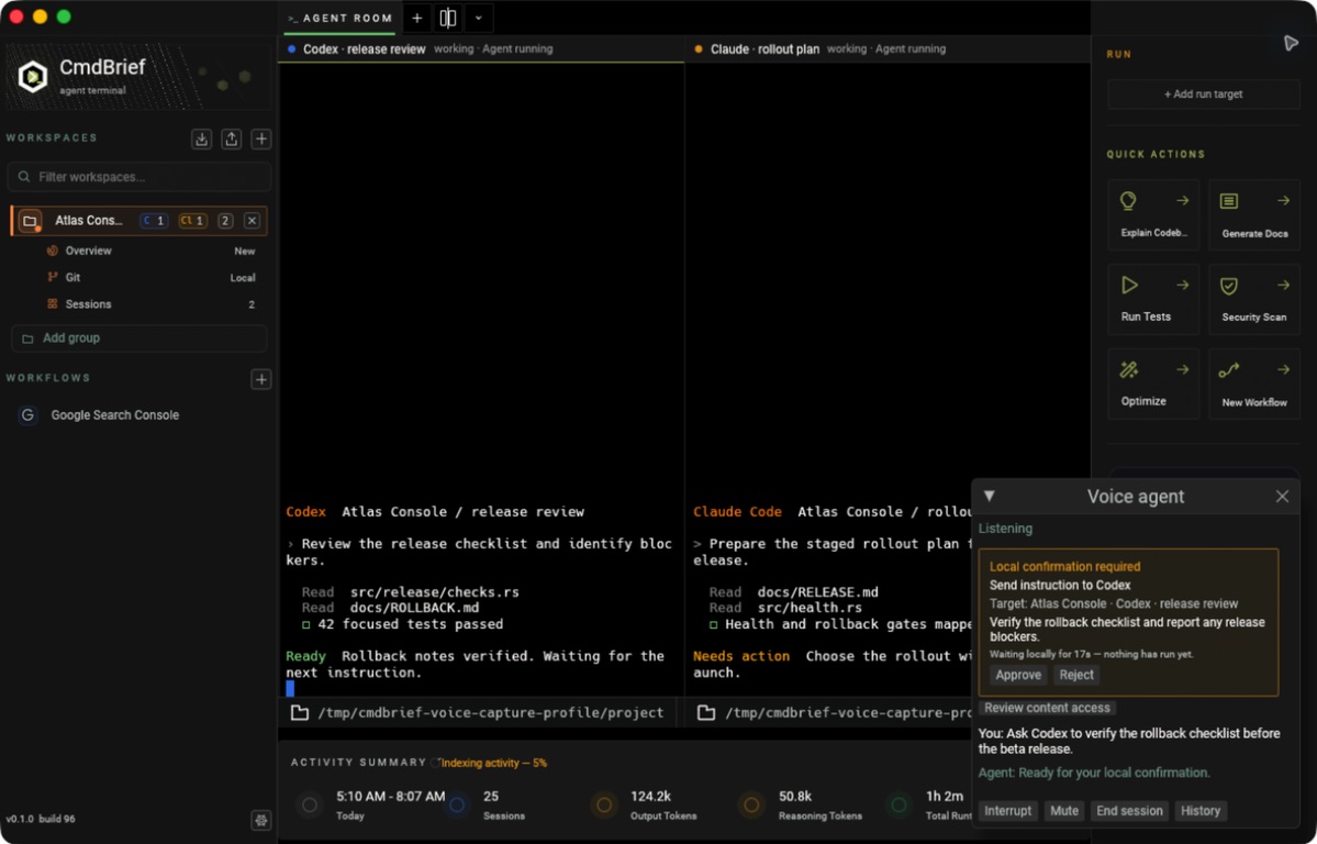 CmdBrief beta with the Voice Agent panel active beside Claude Code and Codex panes while a local action awaits confirmation.